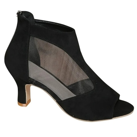 Shoes - Black Sheer Mesh Peep Toe Chunky Zipper Heel